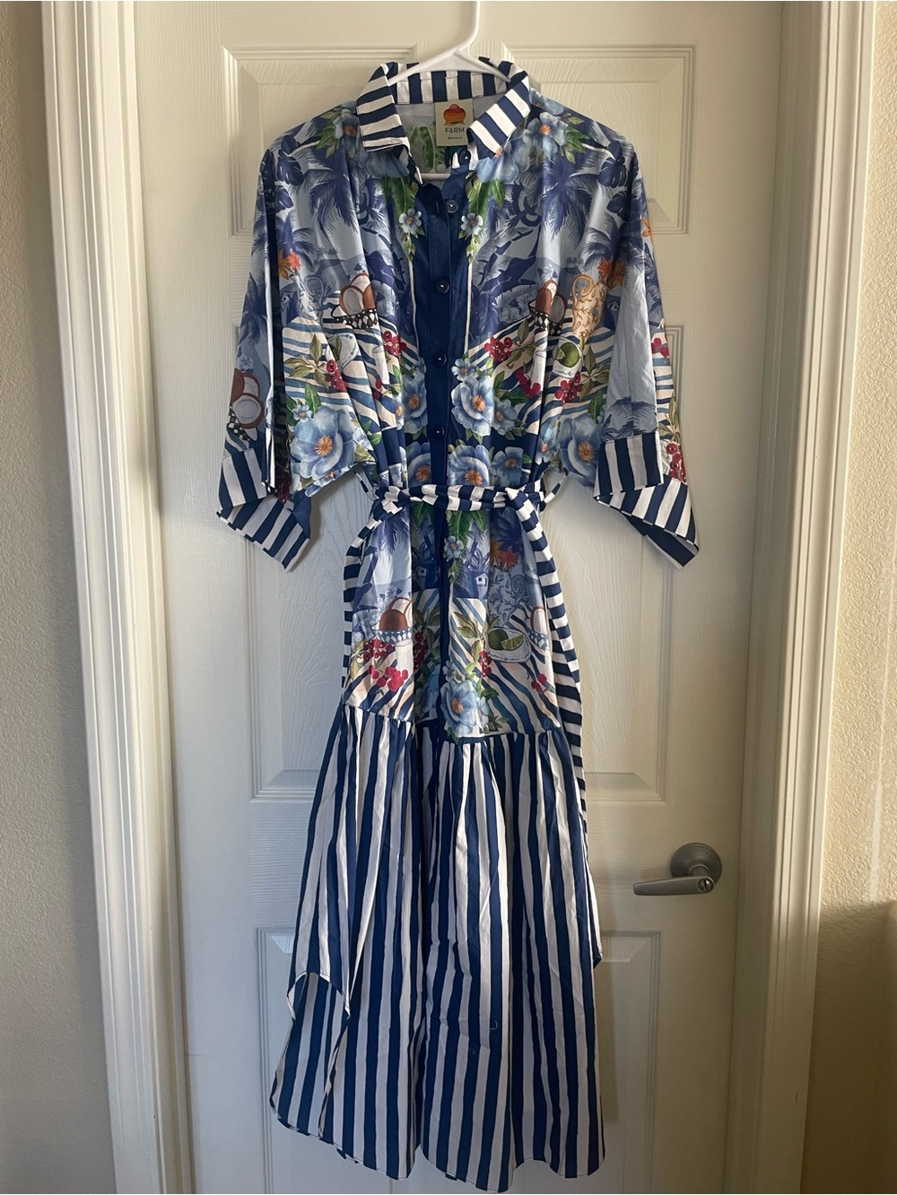 FARM Rio Blue Floral & Navy Stripe Midi Shirt Dress